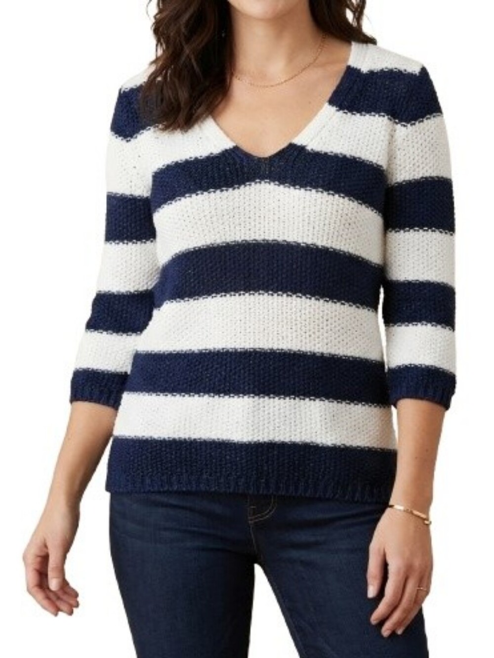 Zara Knit Striped V-Neck Sweater Blue White Shiny Sheen 3/4 Sleeves Nautical